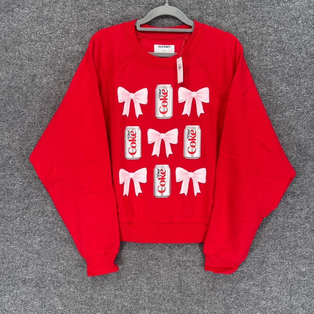 Old Navy Sweatshirt Womens XS Red Diet Coke Pink Bow Graphic Pullover NEW